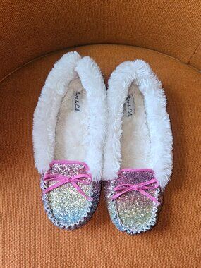 OLIVE & EDIE Girl/Womens Moccasin Slippers Sparkle Multi-colored w Faux Fur Sz 5
